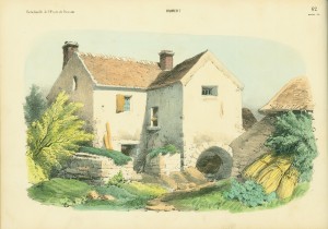 Left-hand side of a page spread depicting a farm house as colored by the publishers.